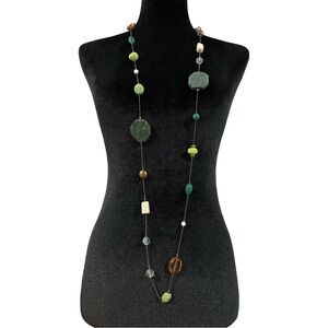 Long Necklace Green Gold Tone White 51 Inch Length